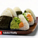 Firefly japanese rice balls, onigiris, in a commercial photoshoot style, sales promotion ,white back